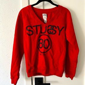 Stussy Retro Women's Red V-Neck Sweatshirt Pullover Long Sleeve